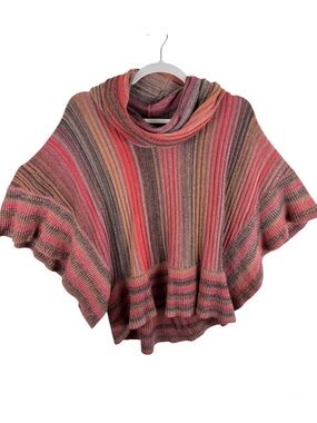 Dor Dor Couture Striped Cowl Neck Poncho Sweater Red Orange Brown Womens Large